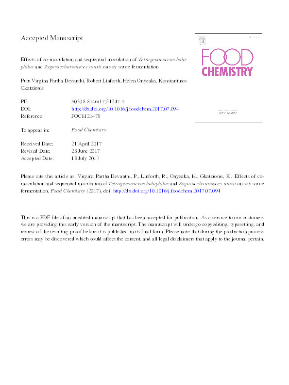 Effects of co-inoculation and sequential inoculation of Tetragenococcus halophilus and Zygosaccharomyces rouxii on soy sauce fermentation Thumbnail