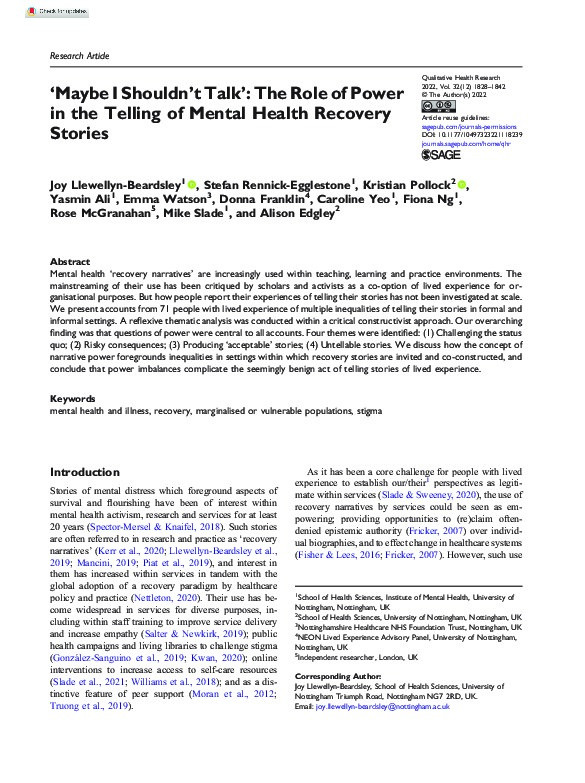 ‘Maybe I Shouldn’t Talk’: The Role of Power in the Telling of Mental Health Recovery Stories Thumbnail