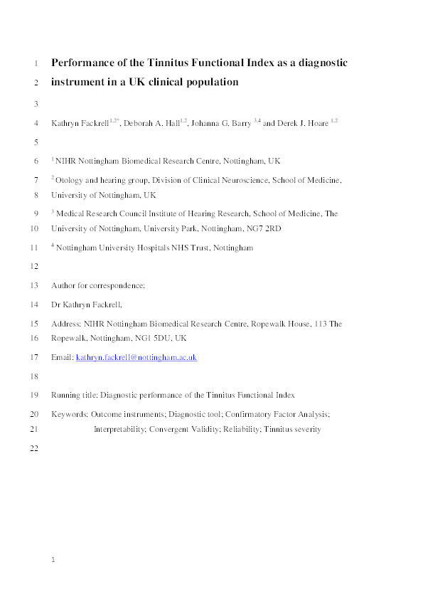 Performance of the Tinnitus Functional Index as a diagnostic instrument in a UK clinical population Thumbnail