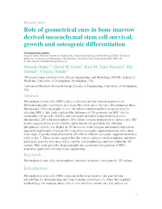 Role of geometrical cues in bone marrow-derived mesenchymal stem cell survival, growth and osteogenic differentiation Thumbnail