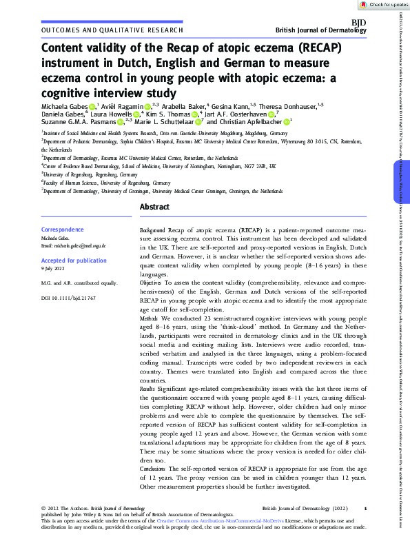 Content validity of the Recap of atopic eczema (RECAP) instrument in Dutch, English and German to measure eczema control in young people with atopic eczema: a cognitive interview study Thumbnail