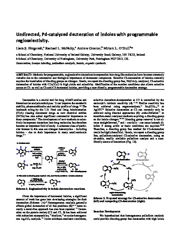 Undirected, Pd-catalysed deuteration of indoles with programmable regioselectivity Thumbnail
