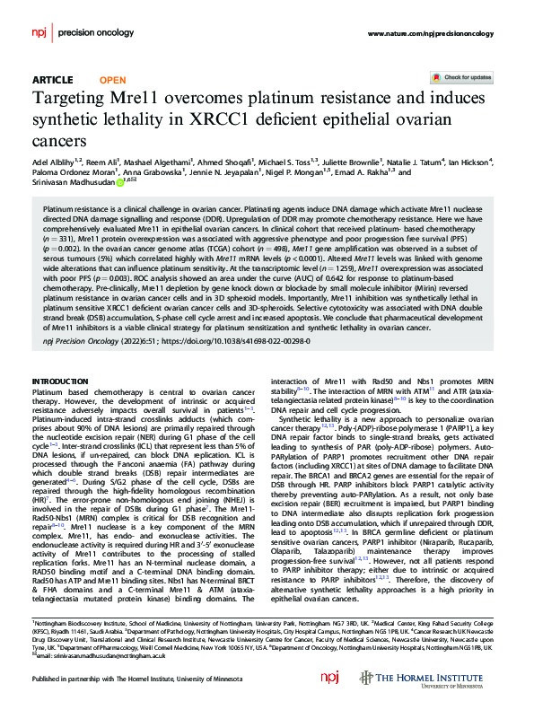 Targeting Mre11 overcomes platinum resistance and induces synthetic lethality in XRCC1 deficient epithelial ovarian cancers Thumbnail