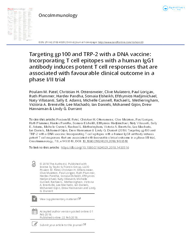 Targeting gp100 and TRP-2 with a DNA vaccine: incorporating T cell epitopes with a human IgG1 antibody induces potent T cell responses that are associated with favourable clinical outcome in a phase I/II trial Thumbnail