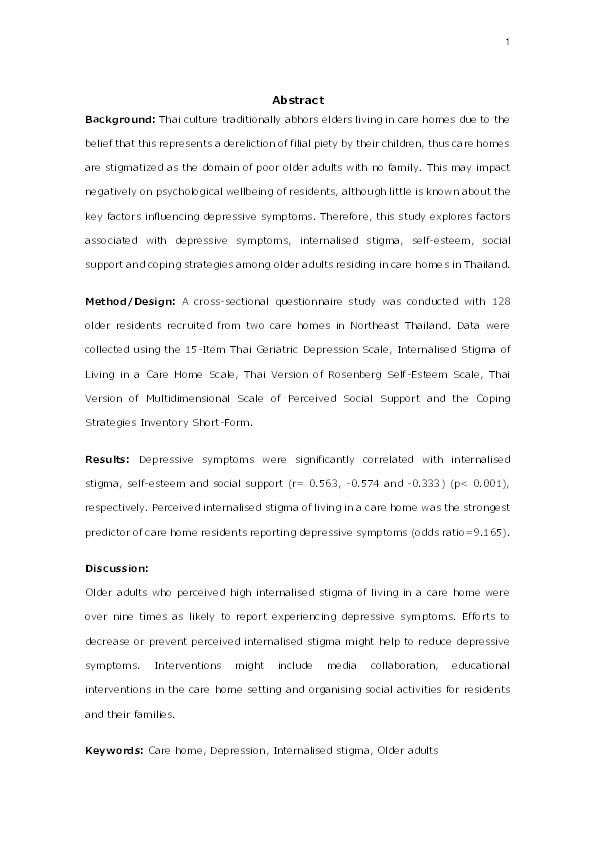 Predictors of depressive symptoms in older adults living in care homes in Thailand Thumbnail