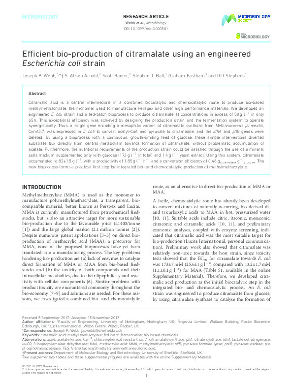 Efficient bio-production of citramalate using an engineered Escherichia coli strain Thumbnail