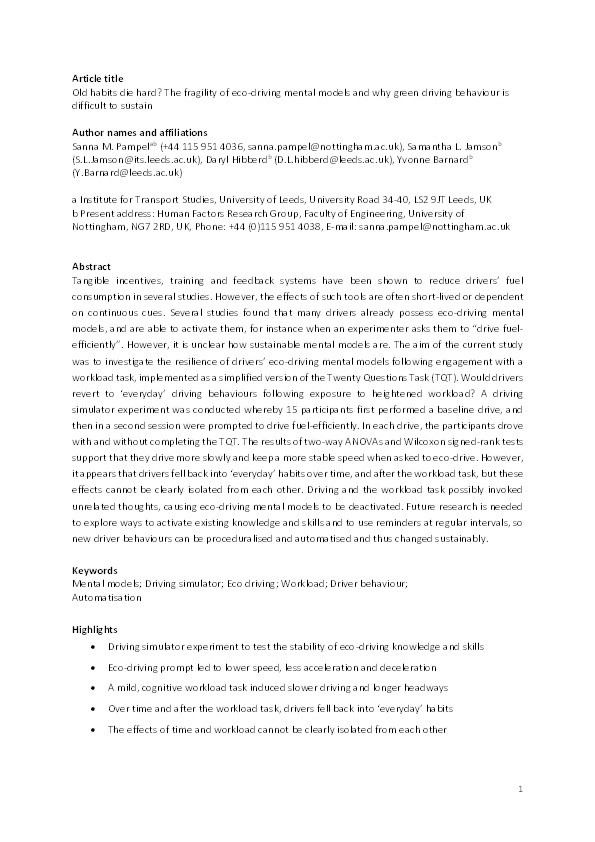 Old habits die hard? The fragility of eco-driving mental models and why green driving behaviour is difficult to sustain Thumbnail