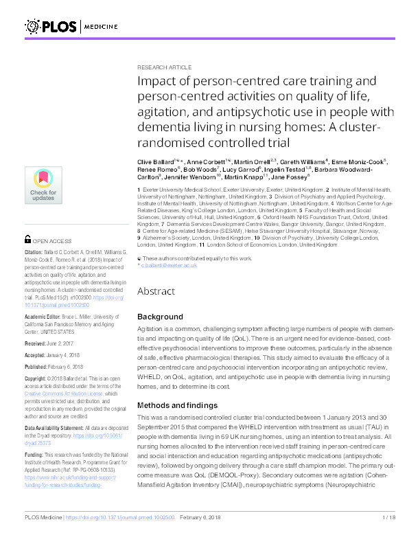 Impact of person-centered care training and person-centered activities on quality of life, agitation and antipsychotic use in people with dementia living in nursing homes: a cluster-randomized controlled trial of the WHELD intervention Thumbnail