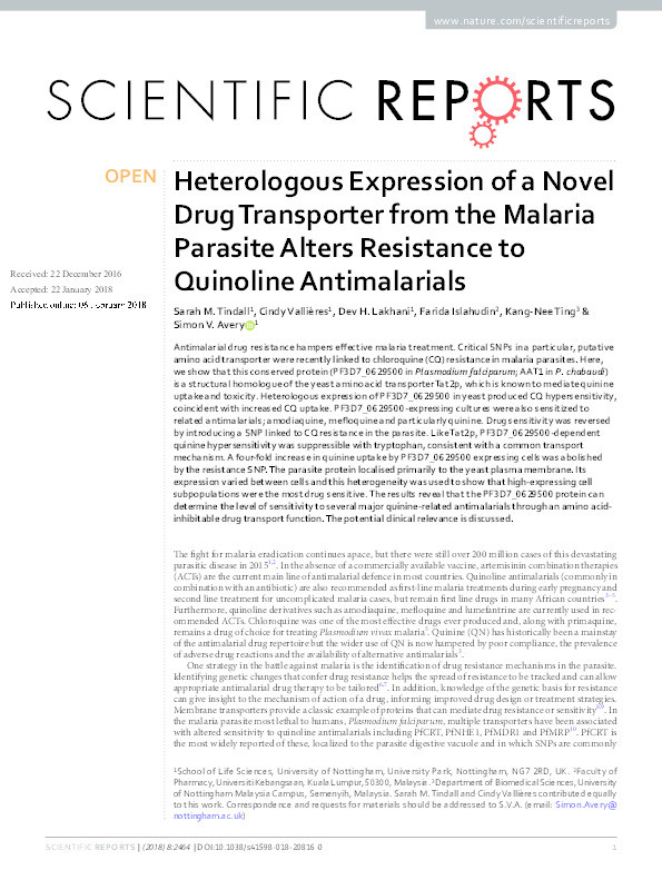 Heterologous expression of a novel drug transporter from the malaria parasite alters resistance to quinoline antimalarials Thumbnail