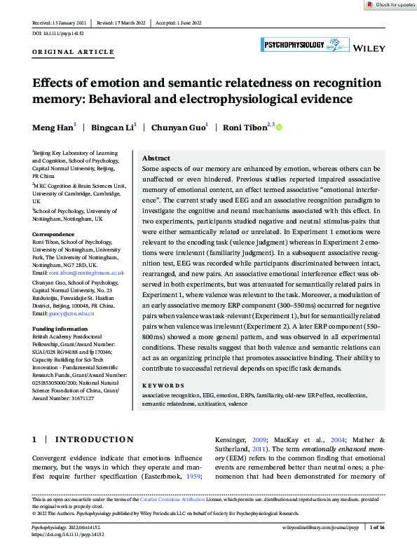 Effects of emotion and semantic relatedness on recognition memory: Behavioral and electrophysiological evidence Thumbnail