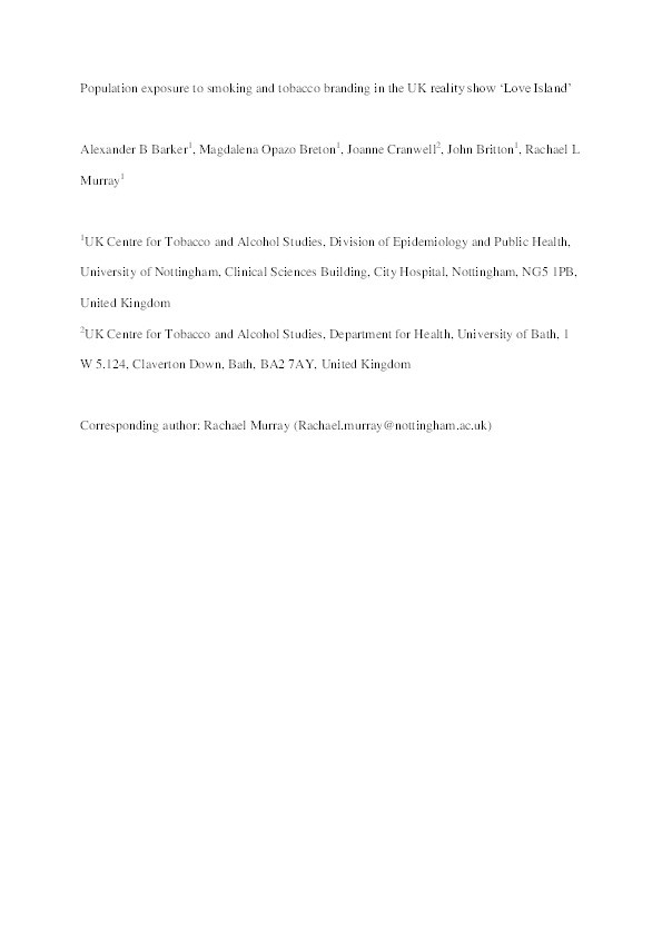 Population exposure to smoking and tobacco branding in the UK reality show ‘Love Island’ Thumbnail