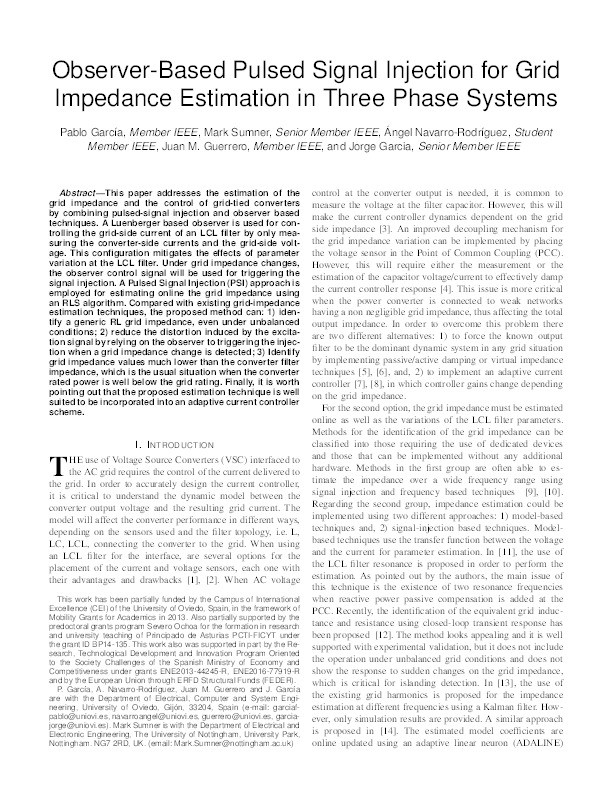 Observer-based pulsed signal injection for grid impedance estimation in three phase systems Thumbnail