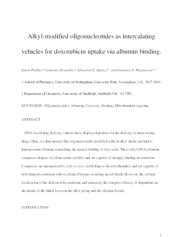 Alkyl-modified oligonucleotides as intercalating vehicles for doxorubicin uptake via albumin binding Thumbnail