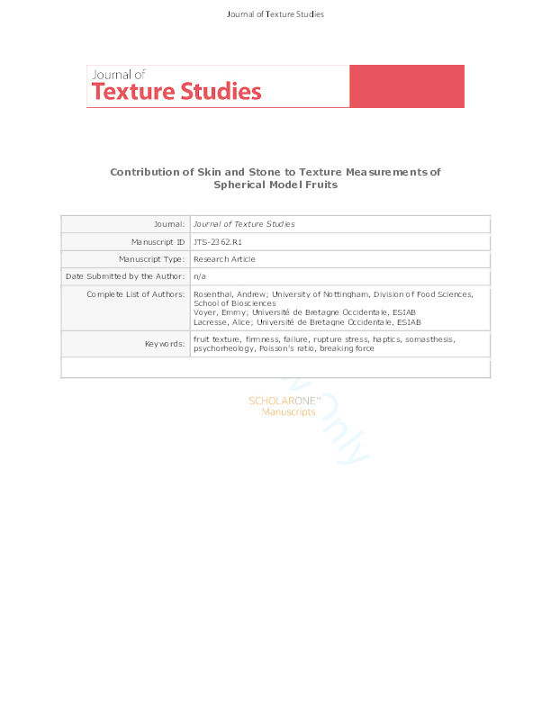 Contribution of skin and stone to texture measurements of spherical model fruits Thumbnail