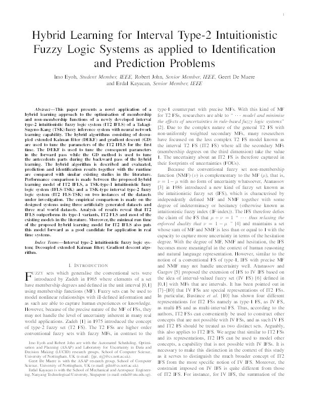 Hybrid learning for interval type-2 intuitionistic fuzzy logic systems as applied to identification and prediction problems Thumbnail