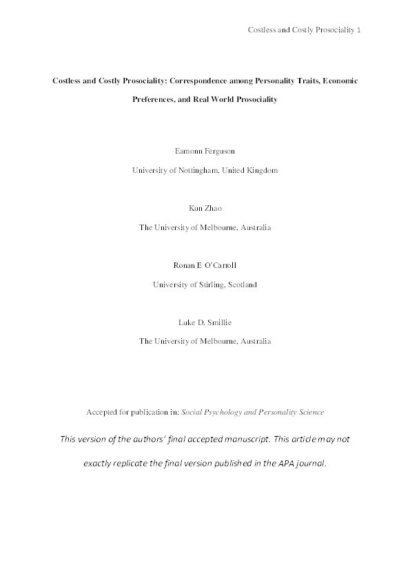 Costless and costly prosociality: correspondence among personality traits, economic preferences, and real world prosociality Thumbnail