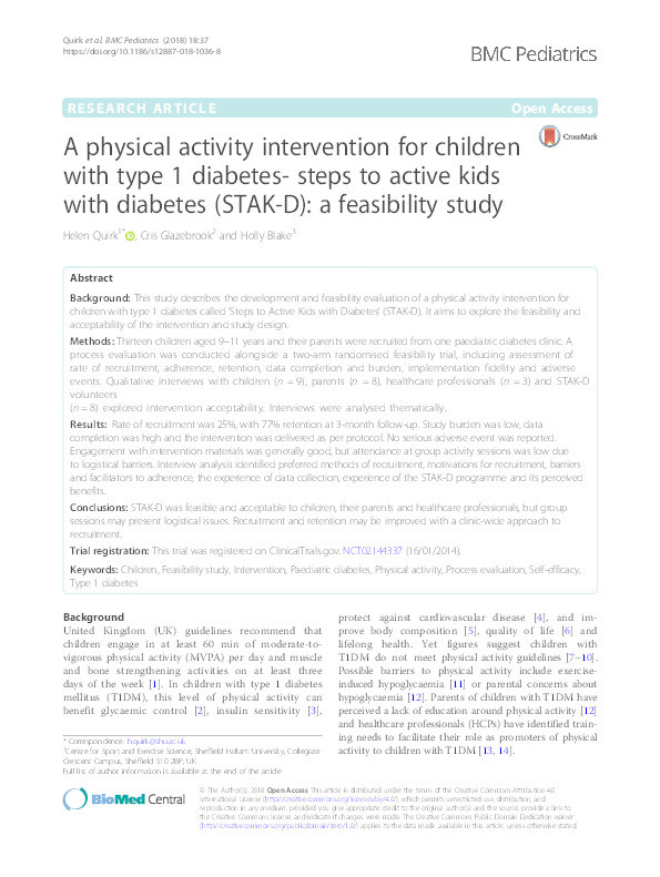 A physical activity intervention for children with type 1 diabetes: Steps to Active Kids with Diabetes (STAK-D): a feasibility study Thumbnail