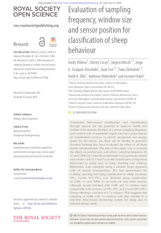 Evaluation of sampling frequency, window size and sensor position for classification of sheep behaviour Thumbnail