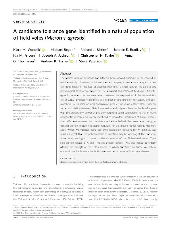 A candidate tolerance gene identified in a natural population of field voles (Microtus agrestis) Thumbnail