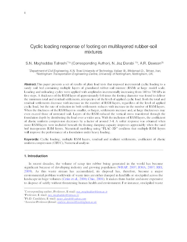 Cyclic loading response of footing on multi-layered rubber-soil mixtures Thumbnail