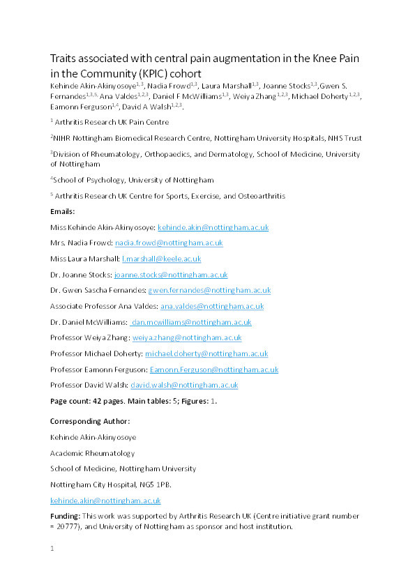 Traits associated with central pain augmentation in the Knee Pain in the Community (KPIC) cohort Thumbnail