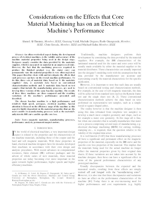 Considerations on the effects that core material machining has on an electrical machine's performance Thumbnail