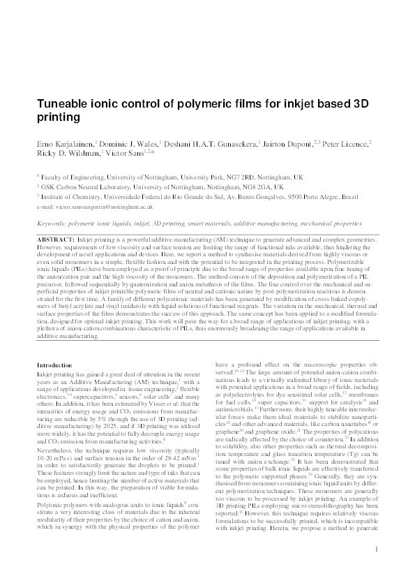 Tuneable ionic control of polymeric films for inkjet based 3D printing Thumbnail