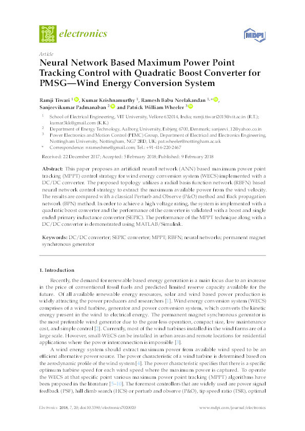 Neural network based maximum power point tracking control with quadratic boost converter for PMSG—wind energy conversion system Thumbnail