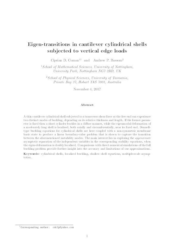 Eigen-transitions in cantilever cylindrical shells subjected to vertical edge loads Thumbnail