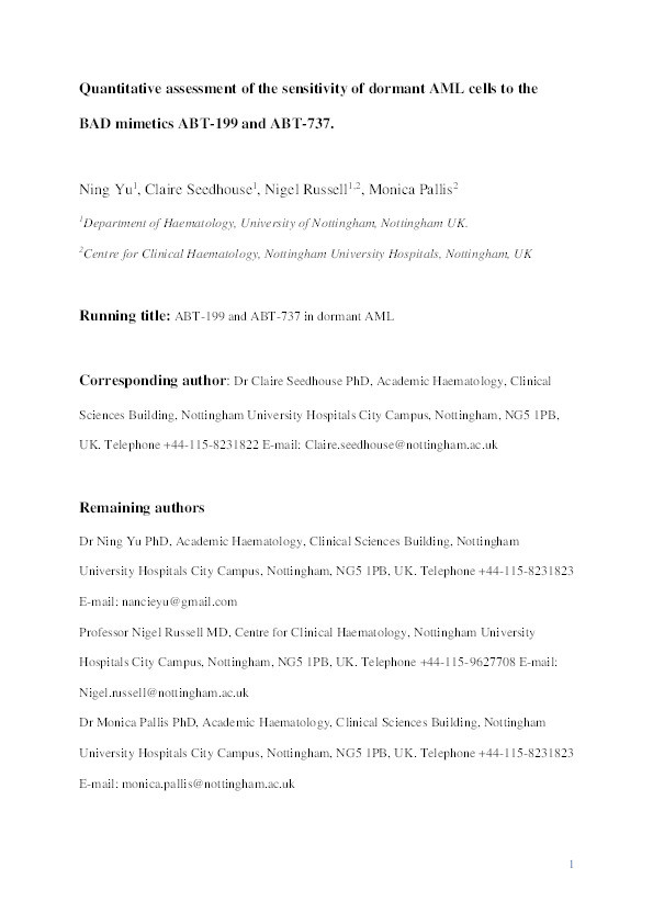 Quantitative assessment of the sensitivity of dormant AML cells to the BAD mimetics ABT-199 and ABT-737 Thumbnail