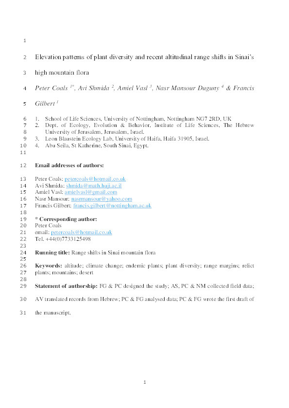 Elevation patterns of plant diversity and recent altitudinal range shifts in Sinai’s high mountain flora Thumbnail