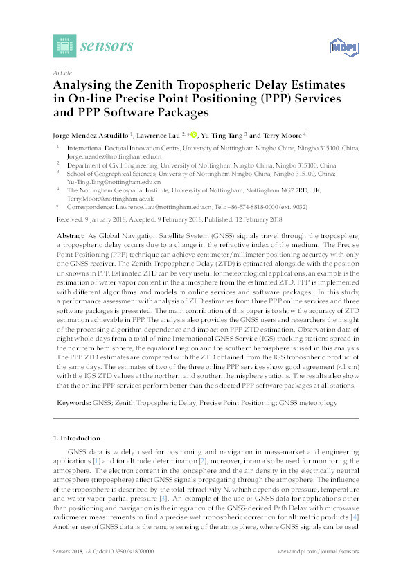 Analysing the Zenith Tropospheric Delay estimates in on-line Precise Point Positioning (PPP) services and PPP software packages Thumbnail