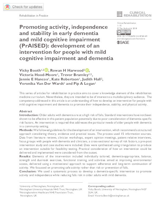 Promoting activity, independence and stability in early dementia and mild cognitive impairment (PrAISED): development of an intervention for people with mild cognitive impairment and dementia Thumbnail