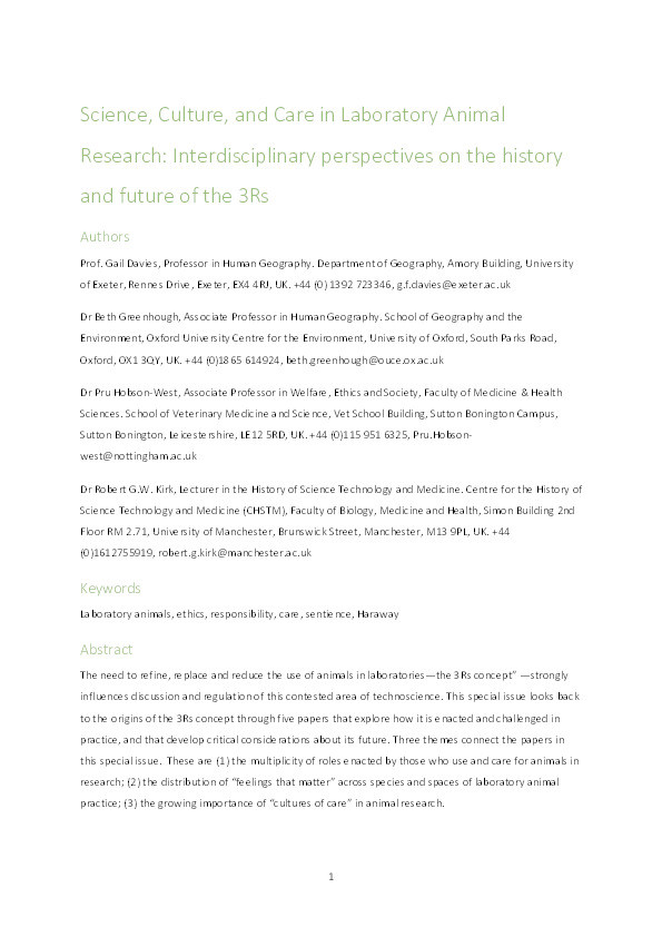Science, culture, and care in laboratory animal research: interdisciplinary perspectives on the history and future of the 3Rs Thumbnail