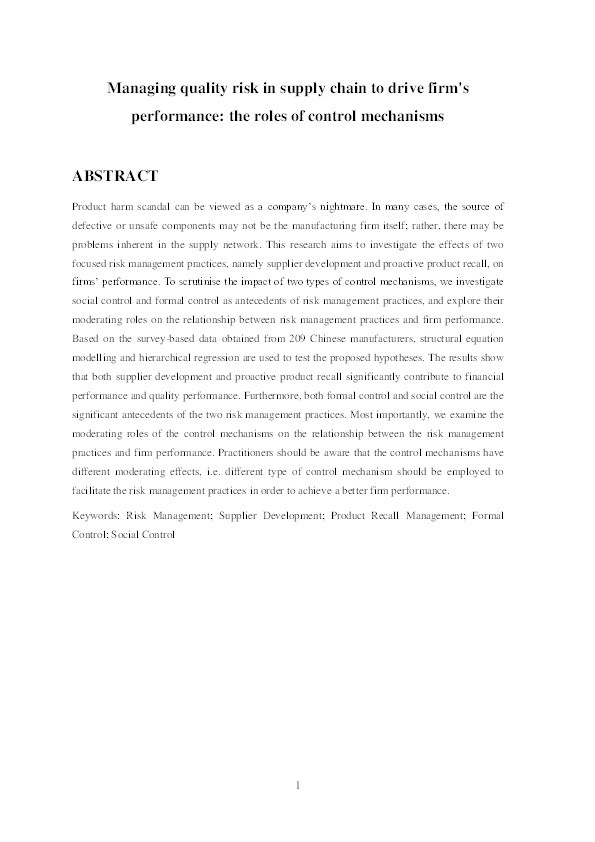 Managing quality risk in supply chain to drive firm's performance: the roles of control mechanisms Thumbnail