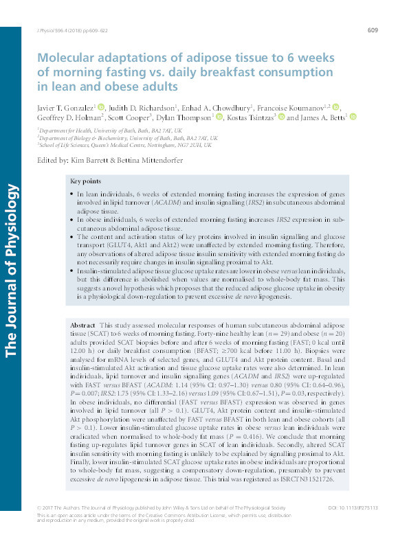 Molecular adaptations of adipose tissue to 6 weeks of morning fasting vs. daily breakfast consumption in lean and obese adults Thumbnail