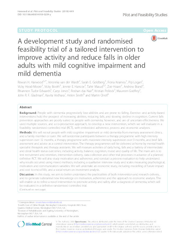 A development study and randomised feasibility trial of a tailored intervention to improve activity and reduce falls in older adults with mild cognitive impairment and mild dementia Thumbnail