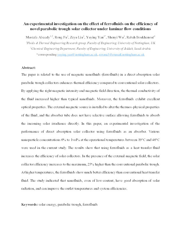 An experimental investigation on the effect of ferrofluids on the efficiency of novel parabolic trough solar collector under laminar flow conditions Thumbnail