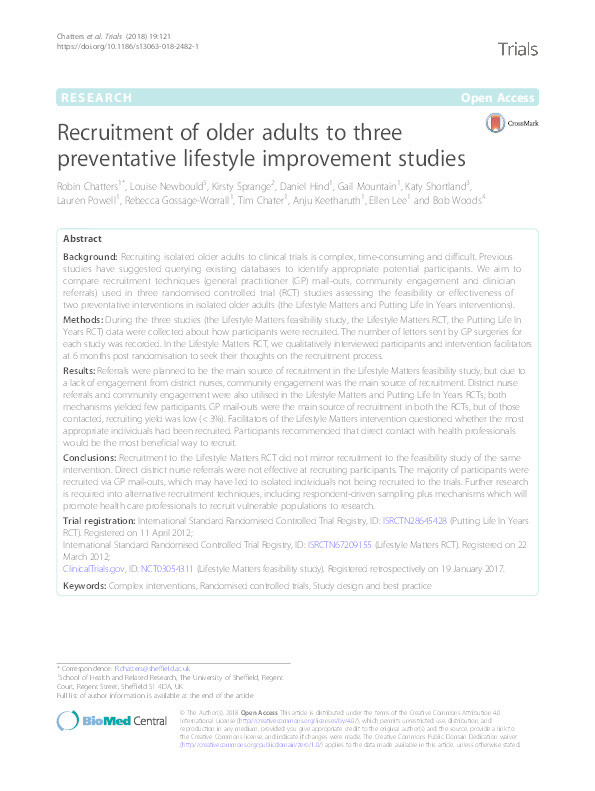 Recruitment of older adults to three preventative lifestyle improvement studies Thumbnail