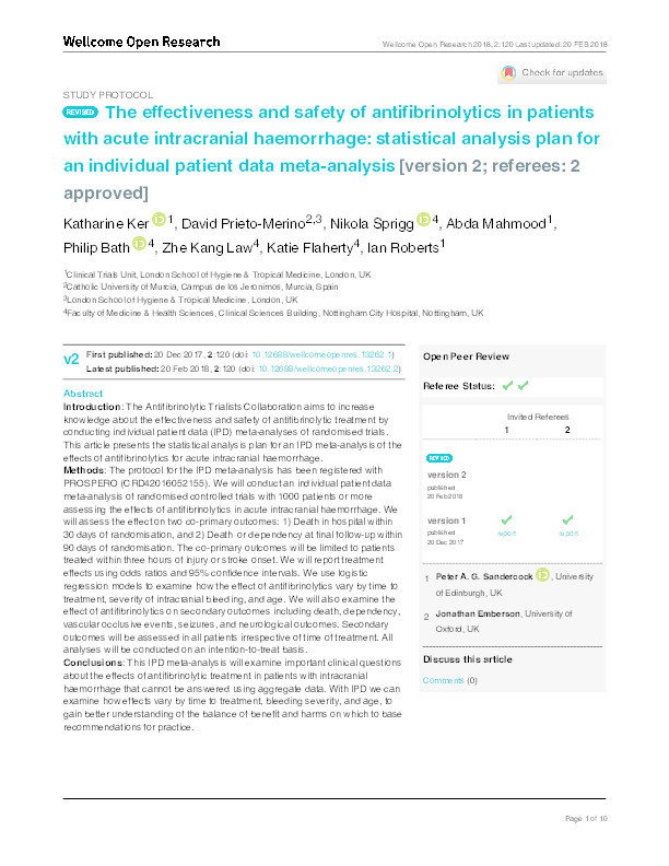  The effectiveness and safety of antifibrinolytics in patients with acute intracranial haemorrhage: statistical analysis plan for an individual patient data meta-analysis [version 2; peer review: 2 approved] Thumbnail
