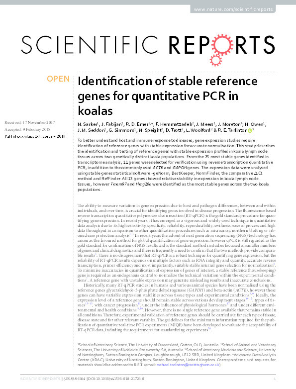 Identification of stable reference genes for quantitative PCR in koalas Thumbnail