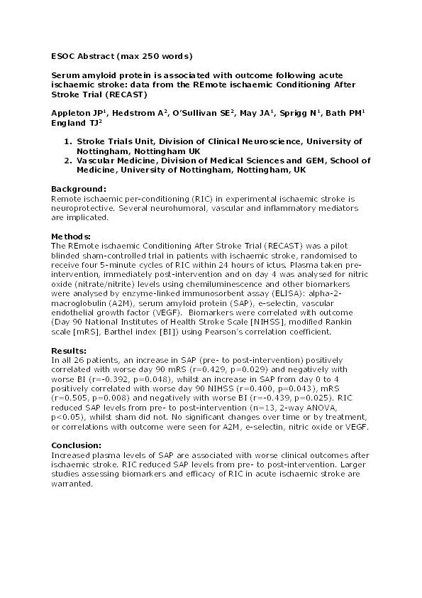 Serum amyloid protein is associated with outcome following acute ischaemic stroke: data from the REmote ischaemic Conditioning After Stroke Trial (RECAST) Thumbnail