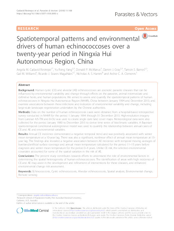 Spatiotemporal patterns and environmental drivers of human echinococcoses over a twenty-year period in Ningxia Hui Autonomous Region, China Thumbnail
