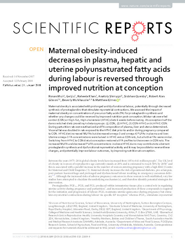 Maternal obesity-induced decreases in plasma, hepatic and uterine polyunsaturated fatty acids during labour is reversed through improved nutrition at conception Thumbnail