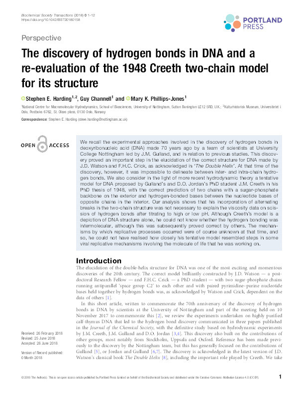 The discovery of hydrogen bonds in DNA and a re-evaluation of the 1948 Creeth two-chain model for its structure Thumbnail