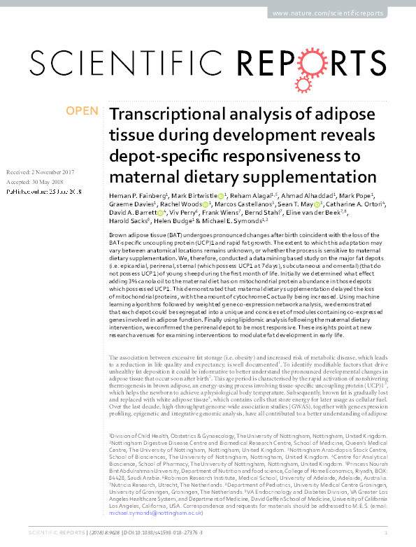 Transcriptional analysis of adipose tissue during development reveals depot-specific responsiveness to maternal dietary supplementation Thumbnail