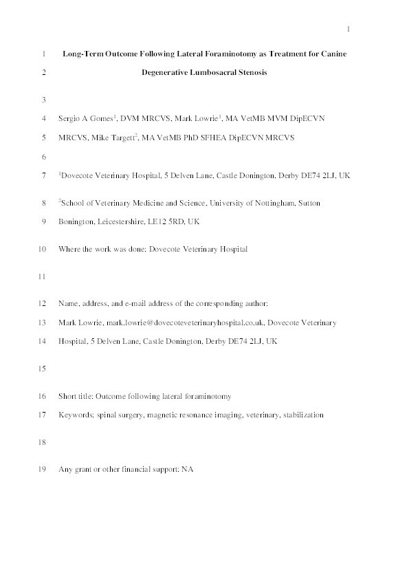 Long-term outcome following lateral foraminotomy as treatment for canine degenerative lumbosacral stenosis Thumbnail
