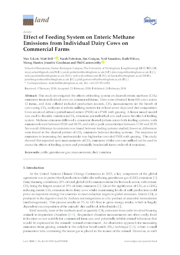 Effect of feeding system on enteric methane emissions from individual dairy cows on commercial farms Thumbnail