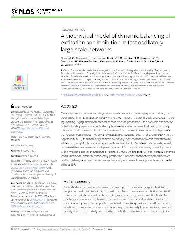 A biophysical model of dynamic balancing of excitation and inhibition in fast oscillatory large-scale networks Thumbnail