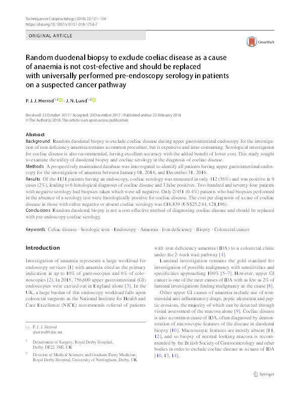 Random duodenal biopsy to exclude coeliac disease as a cause of anaemia is not cost‑efective and should be replaced with universally performed pre‑endoscopy serology in patients on a suspected cancer pathway Thumbnail